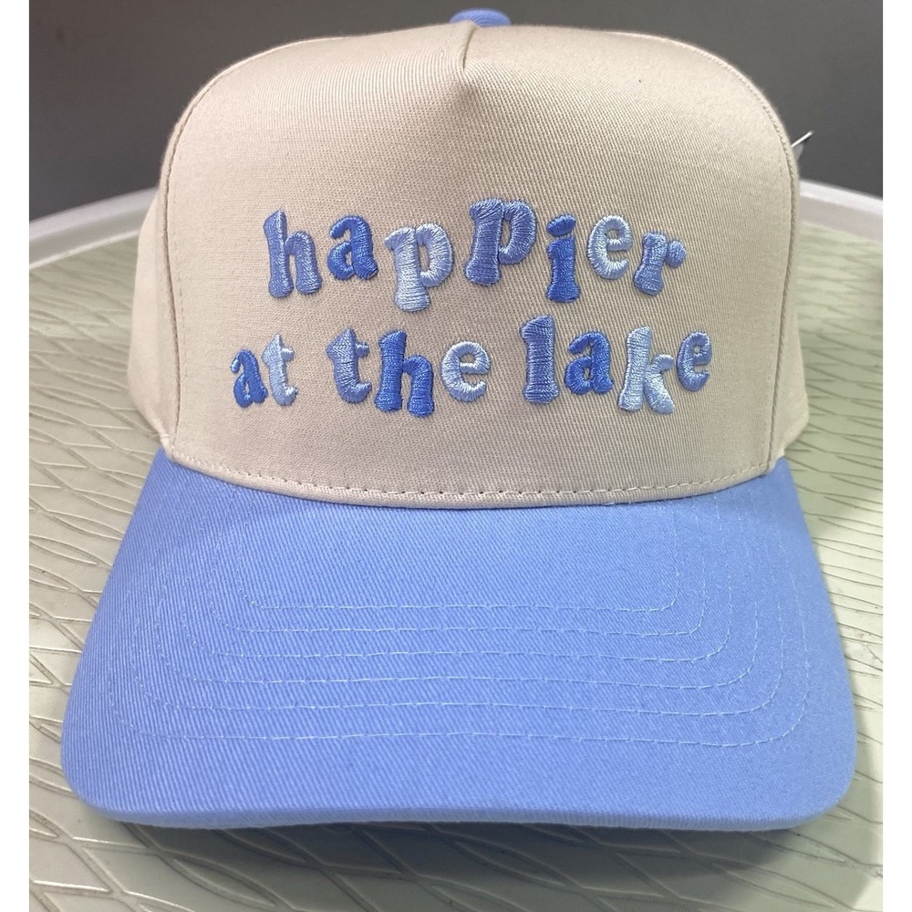 C.C HAPPIER AT THE LAKE Embroidered Trucker Snapback Baseball Cap Hat Ivory/Blue